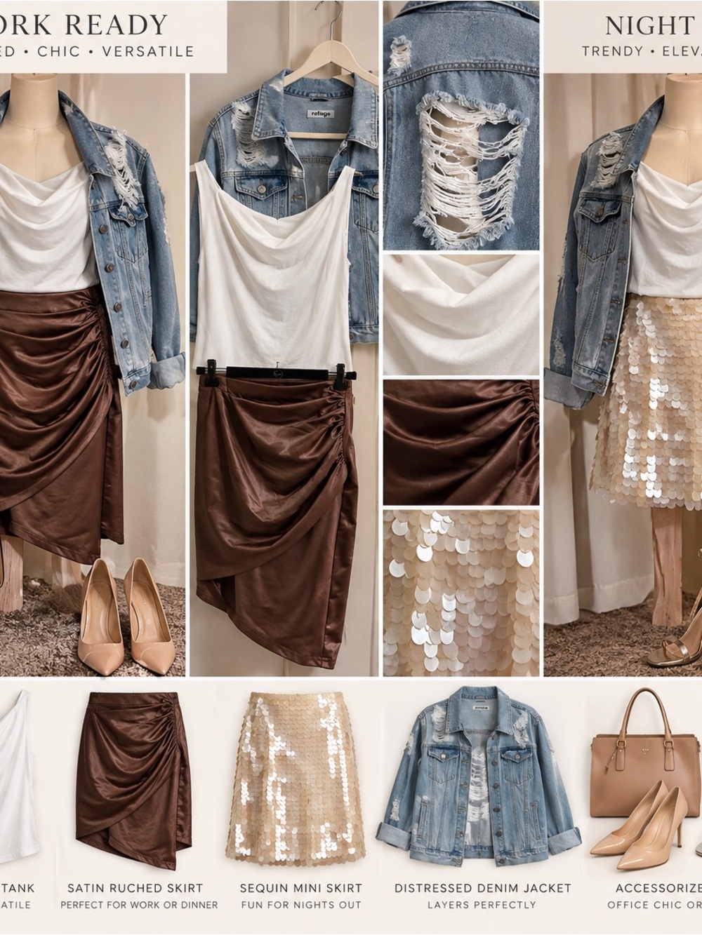 Size L 4 Piece Capsule Outfit Satin & Sequin Skirts Denim Jacket Draped Top